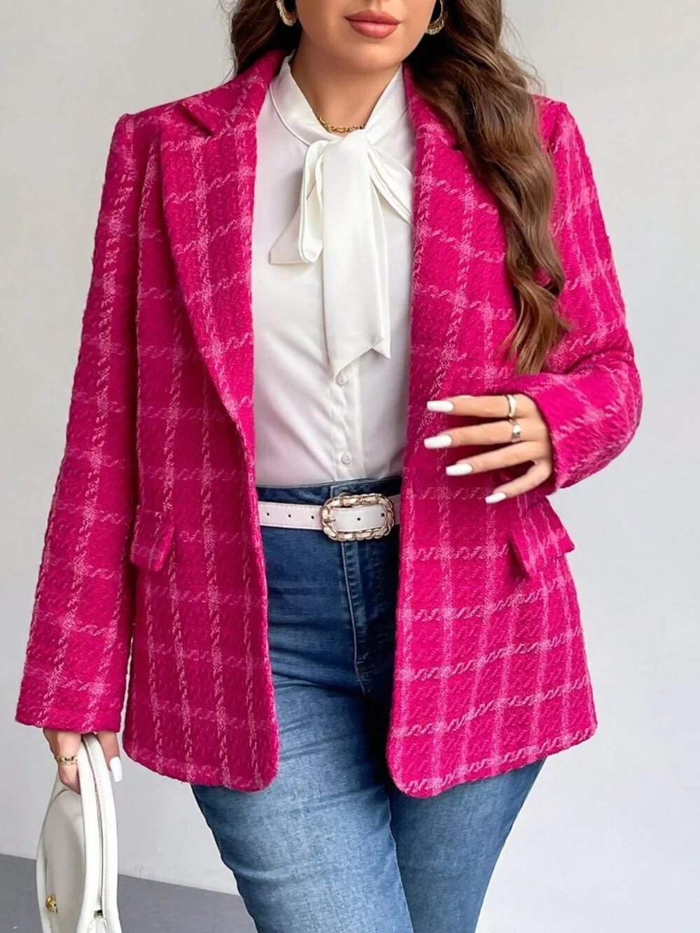 Pink Casual Women's Plus Size Elegant Plaid Long Sleeve Warm Blazer Jacket